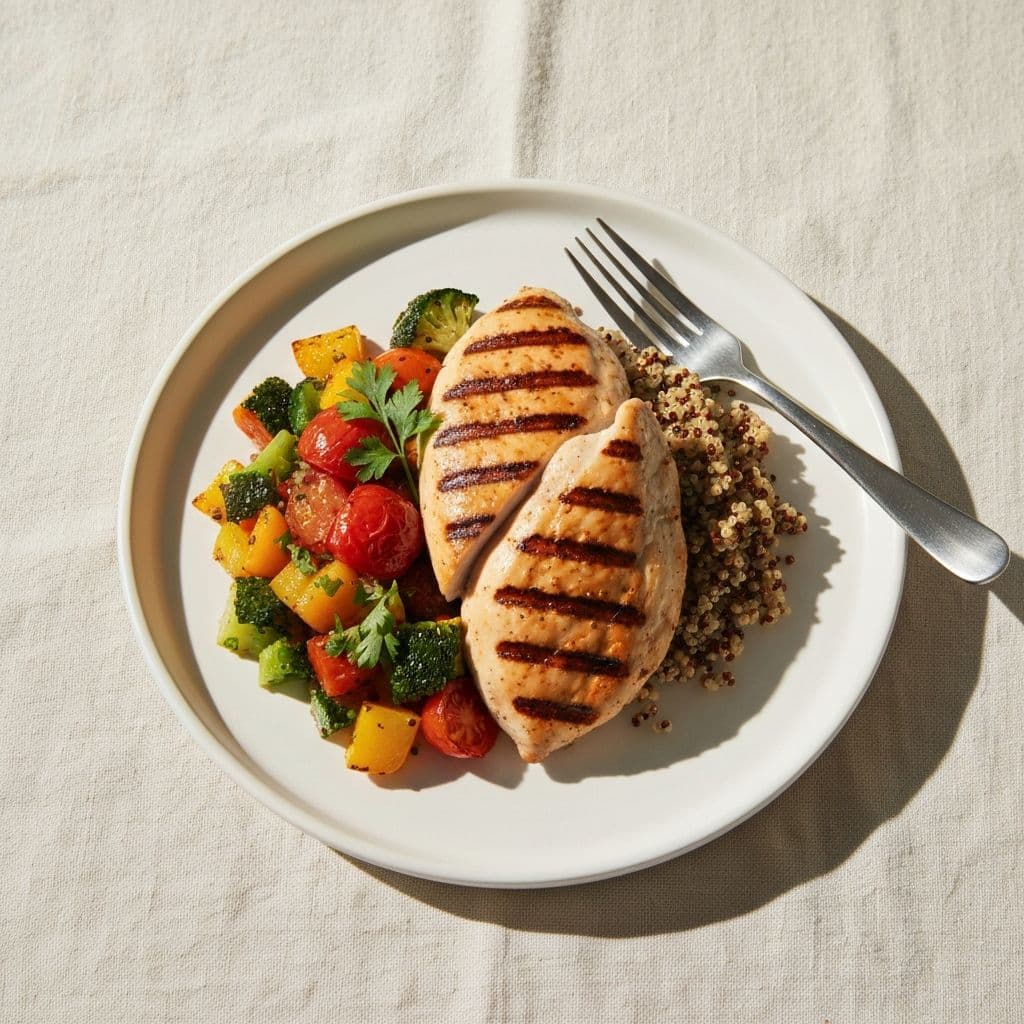 A beautifully plated high-protein meal with grilled chicken, roasted vegetables, and quinoa