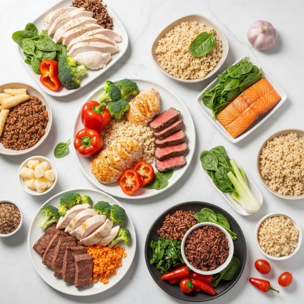 Weekly meal prep containers with different high-protein meals neatly organized